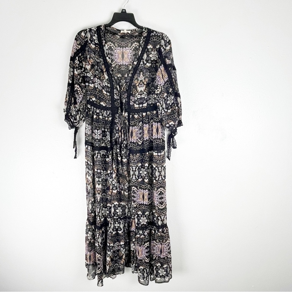 EASEL Black Floral Sheer Lace Inset Double Front Tie Kimono Cardigan Medium Boho